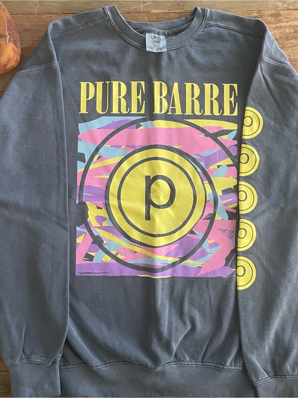 Pure Barre Gray Sweatshirt with Yellow, Pink & Blue Logo NWOT